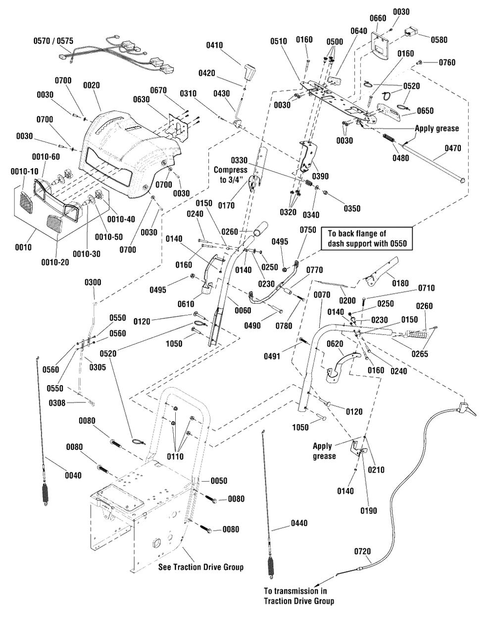 Handles And Controls Group Diagram and Parts List for BP2138S (1696160-00)(2012) Briggs and Stratton Snow Blower